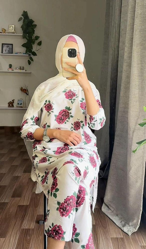 2 Pcs Women's Stitched Linen Embroidered Shirt And Trouser