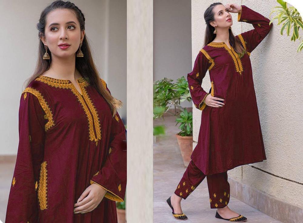 2 Pcs Women's Stitched Linen Embroidered Shirt And Trouser